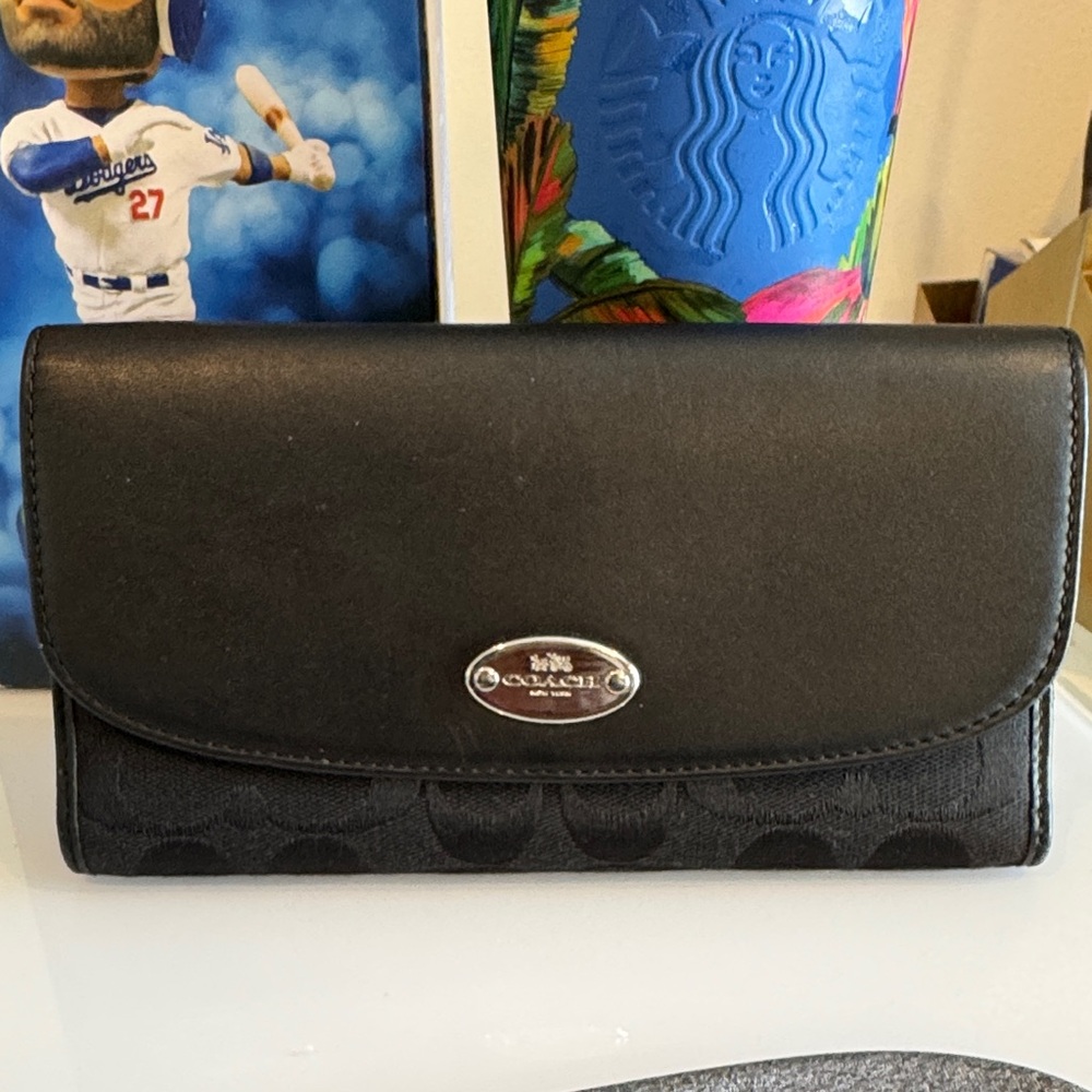 Coach Black Women's Trifold Wallet with Silver Logo